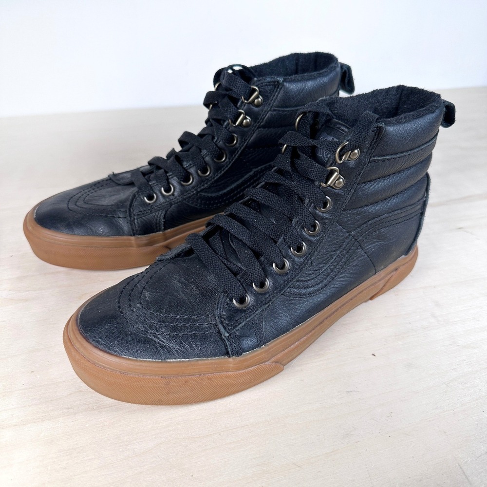 Black Leather Vans Sk8-Hi High Top Sneakers Men's 7 Women's 8.5 Excellent